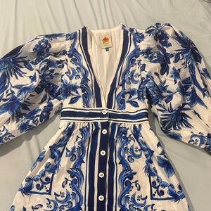 FARM Rio Blue and White Floral Long Sleeve Dress